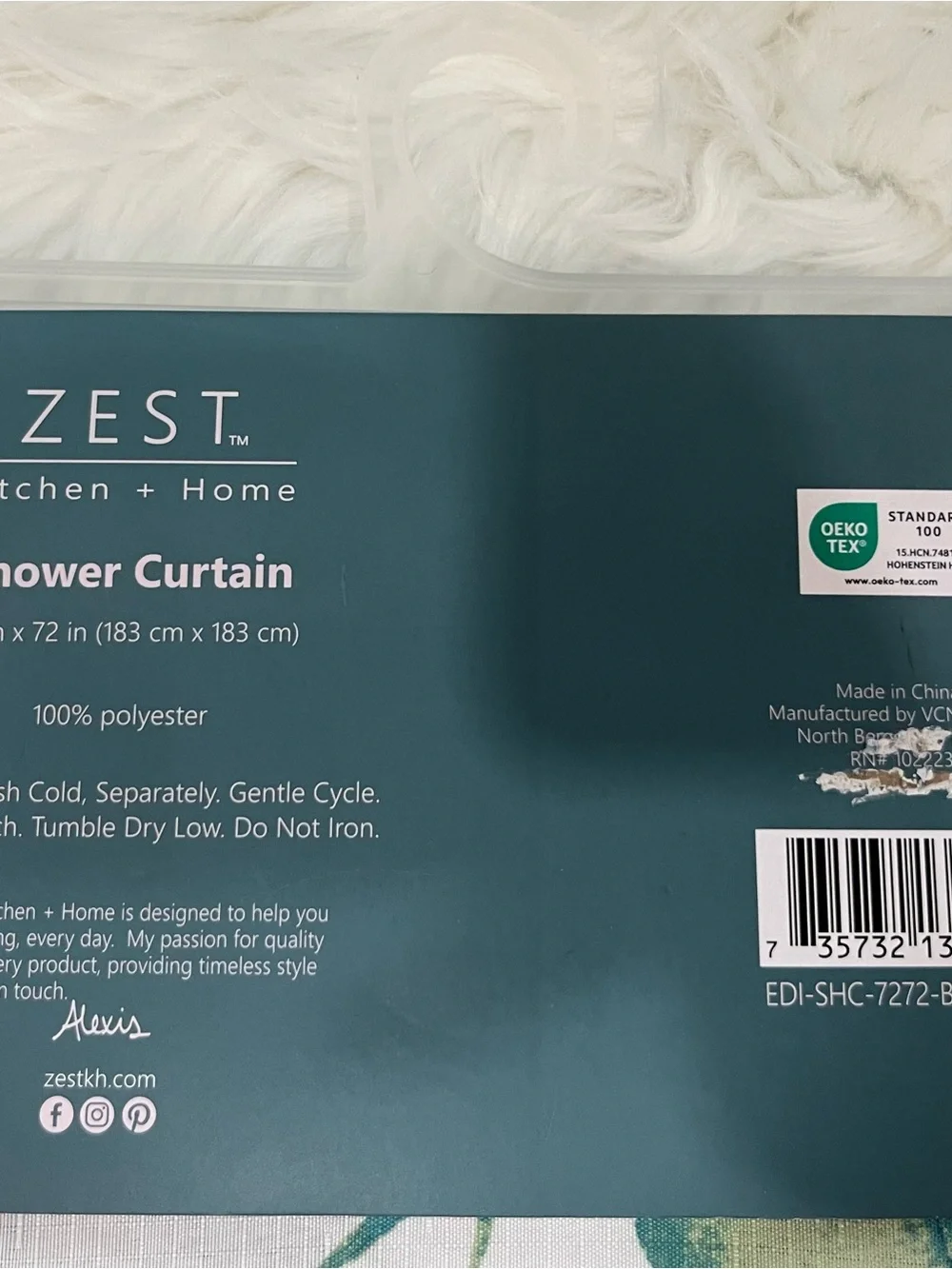ZEST Kitchen + Home Shower Curtain 72” x 72” Green Teal Leaf Print